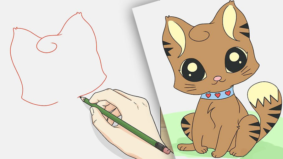 Как нарисовать милого мультяшного котика по-шагово