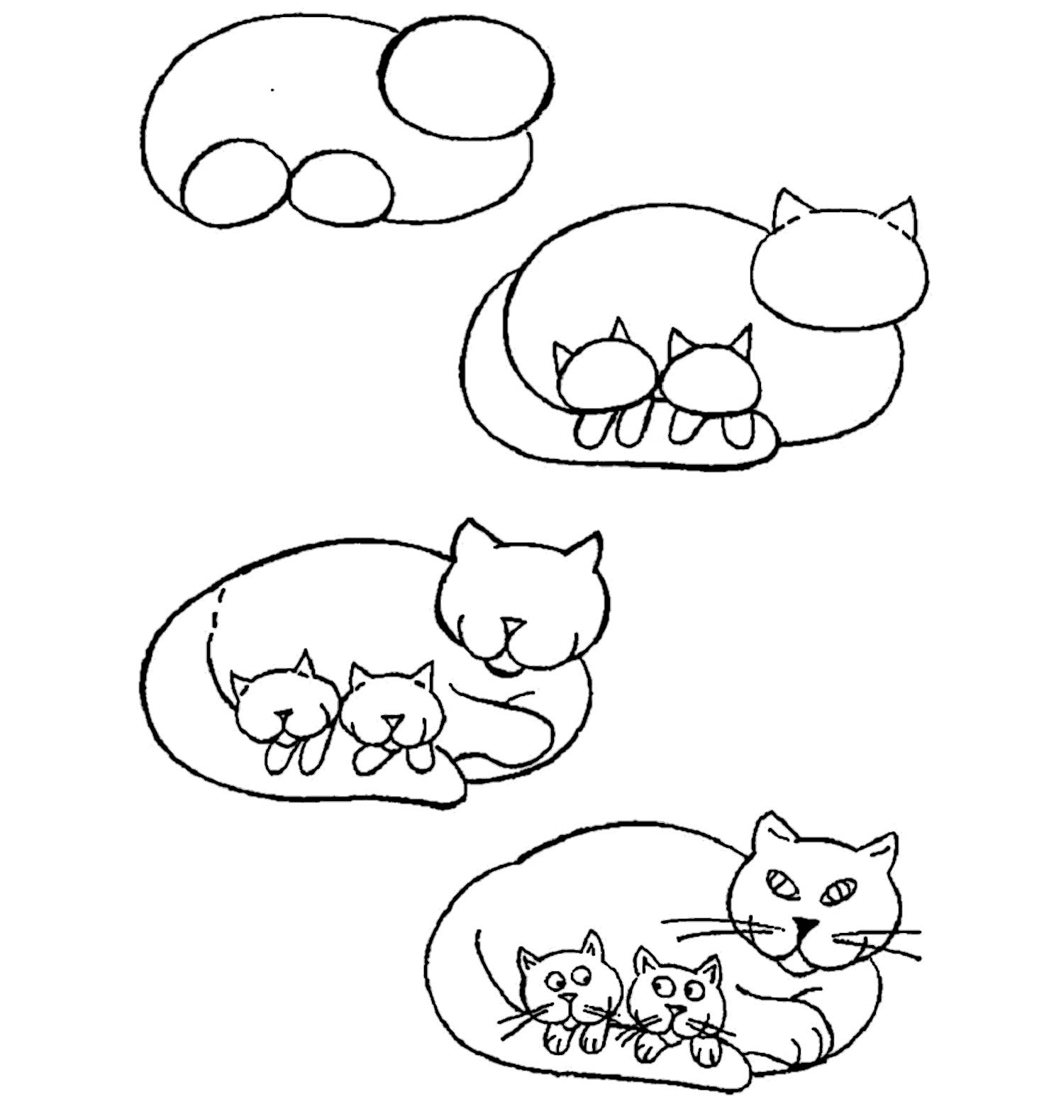 как нарисовать лежащую кошку с котятами фото