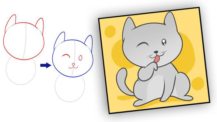 Рисуем поэтапно умывающегося кота